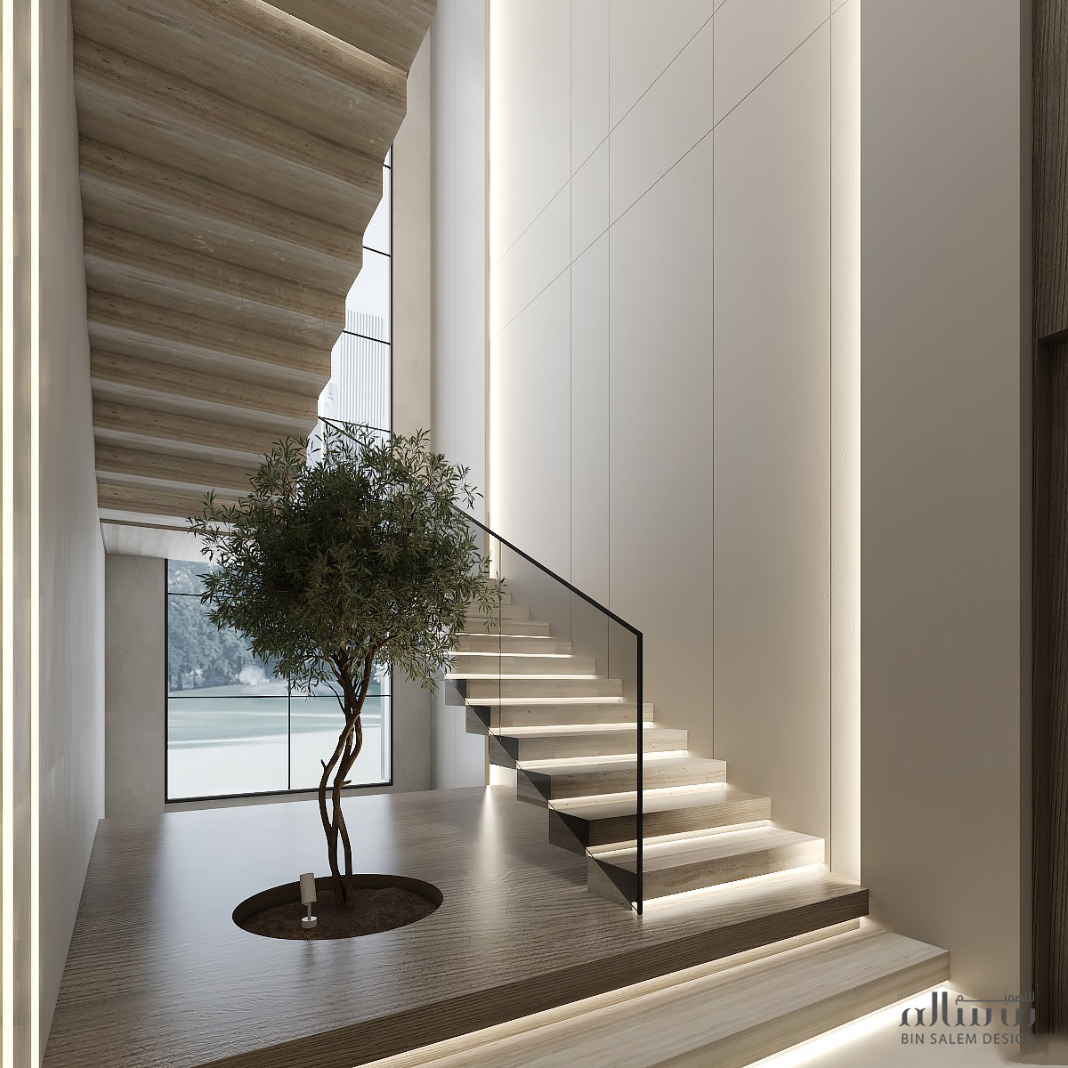 Modern master bedroom interior design in Dubai featuring neutral colors, luxury materials, soft ambient lighting, and contemporary furniture for a calm and elegant space.